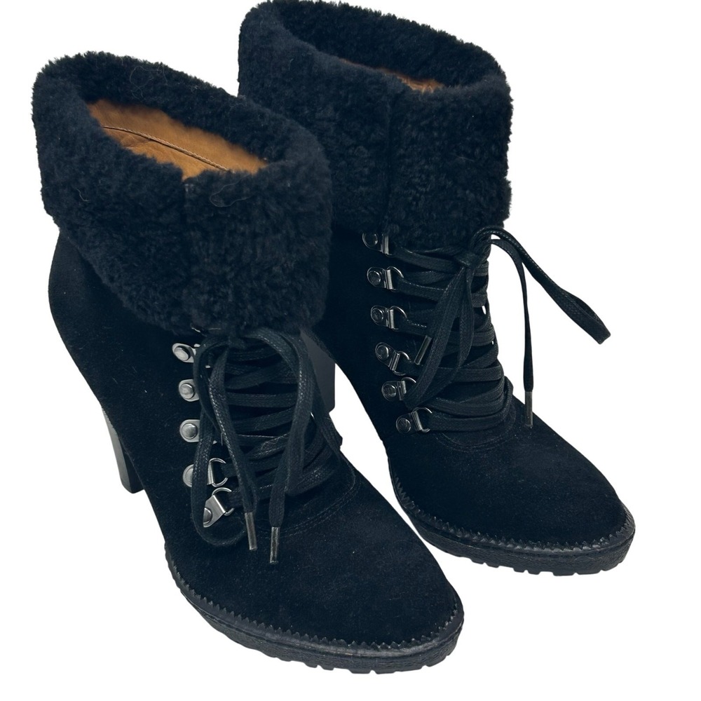 Via Spiga Suede Heeled Boots Size 8.5 Faux Fur Trim Booties Lace Up